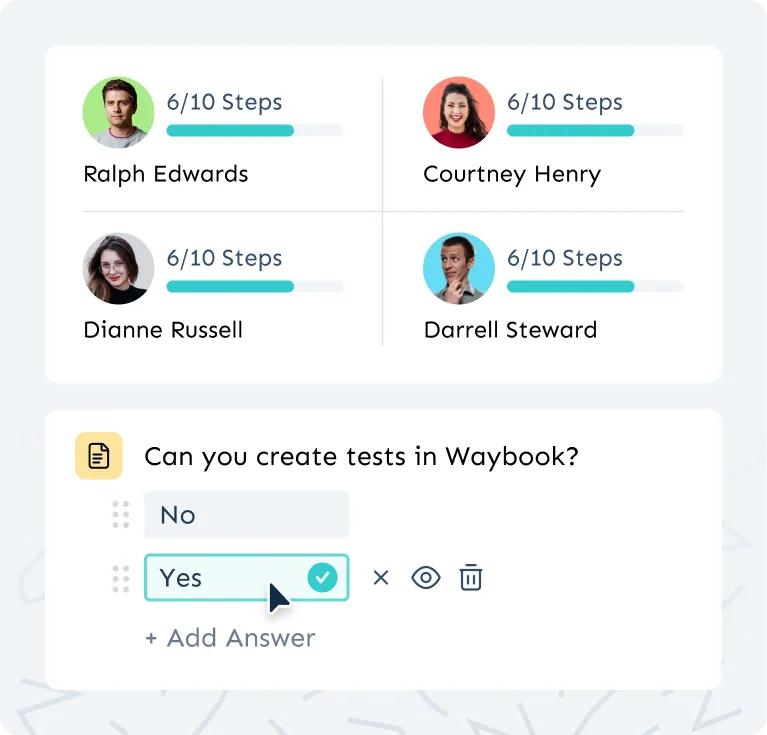 Waybook interface showing team's progress and ability to add tests to documents.